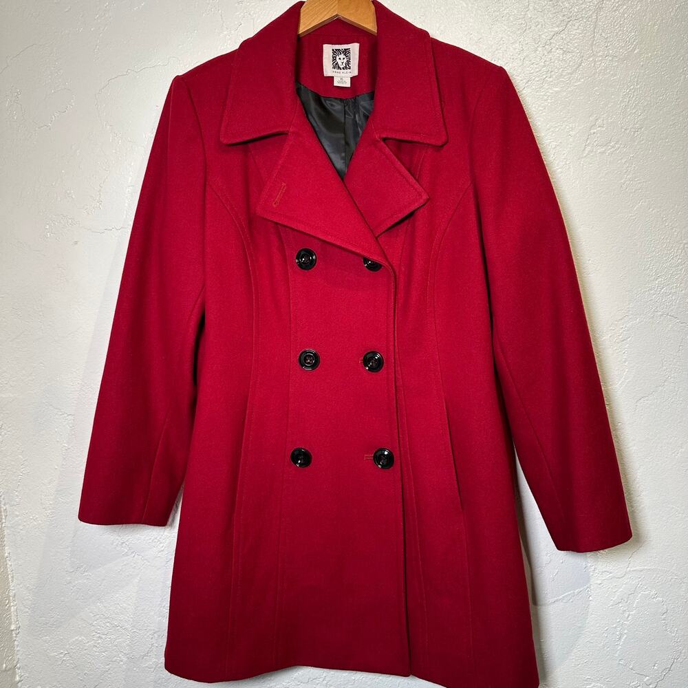 Anne Klein Size XL Red Wool Blend Pea Coat Double Breasted Lined